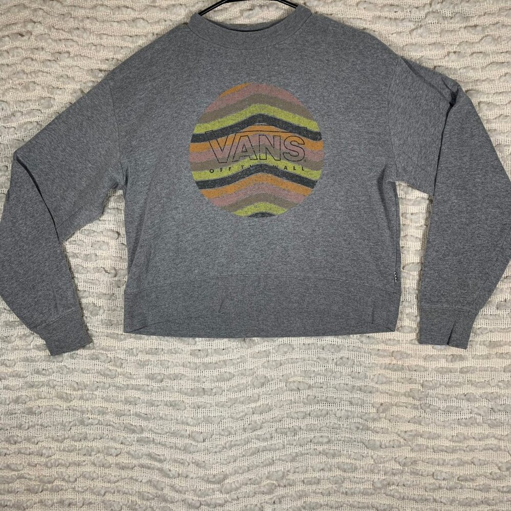 VANS WOMENS‎ SMALL GRAY PULLOVER CREW NECK SWEATER COLORFUL LOGO SKATER